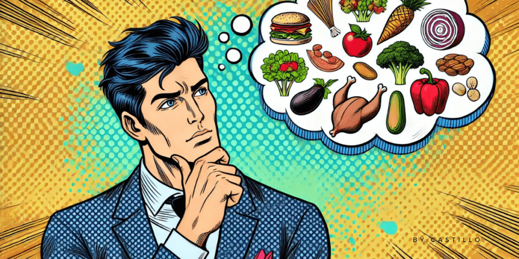 A comic book-style illustration of someone thinking about eating healthy