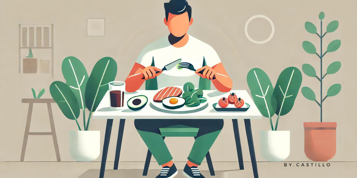 A man with a white shirt sitting down and eating a ketogenic diet dish on a table.