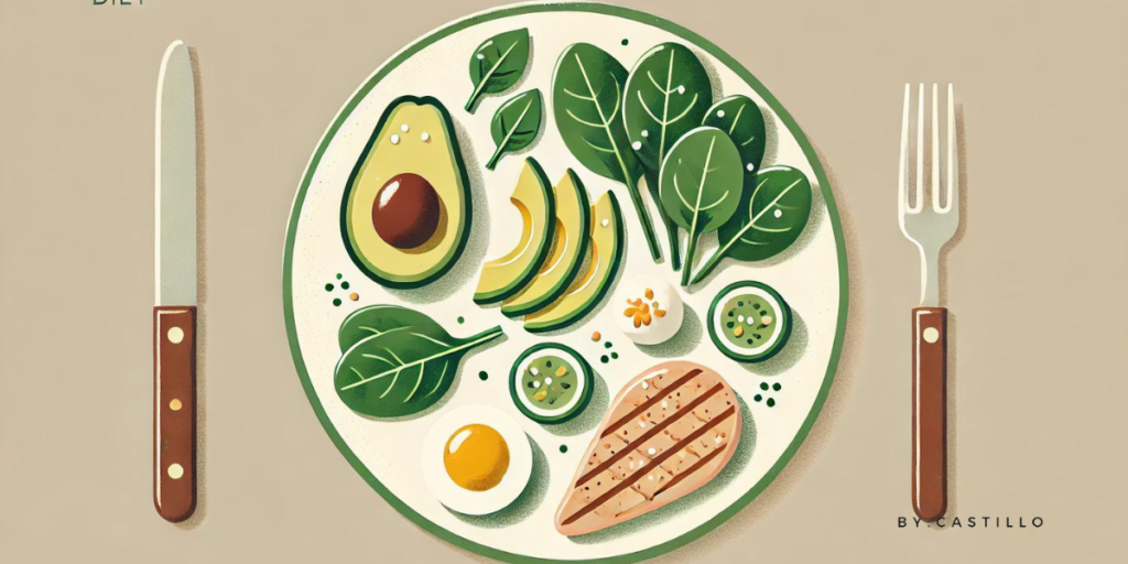 A white plate with keto-friendly food on it. A fork and knife of the side of the dish.