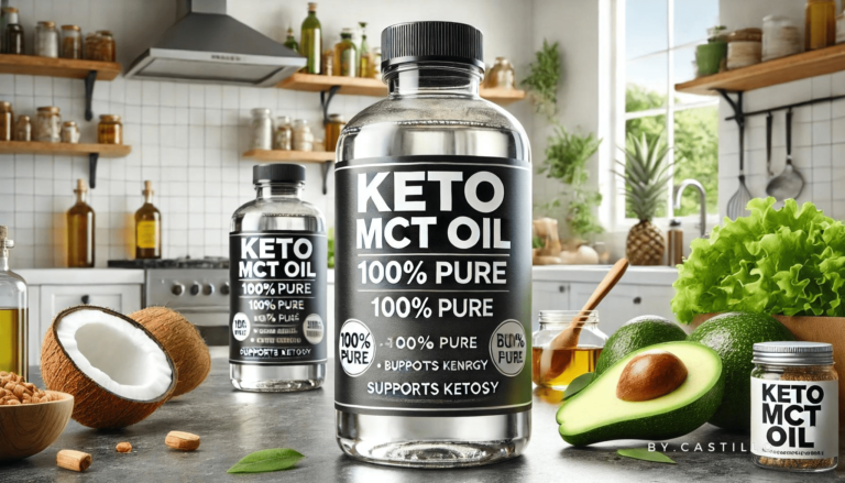 Best Keto MCT Oil on the kitchen counter with coconuts and avocados in the background.