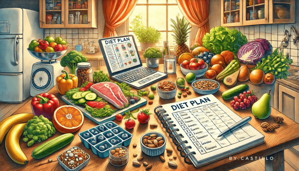 A Table full of food with laptop and a weight loss diet plan guide on the table.