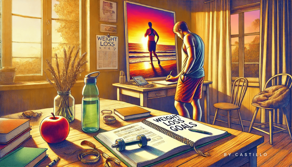 A man in his room writing down his weight loss goals. Has a weight loss guide on his wall with a weight loss notebook on his counter. 