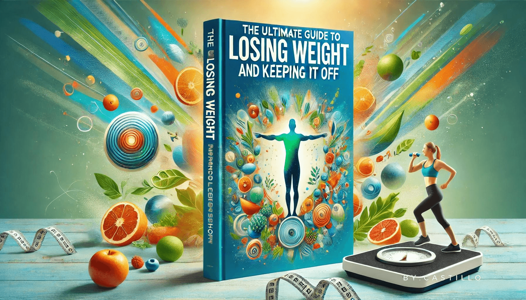 A book titled "The Ultimate Guide to Losing Weight and Keeping It Off" with a colorful background.