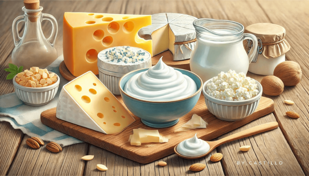 Keto foods for weight loss. Cottage cheese, hard cheese, Greek yogurt.