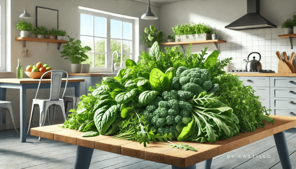 Keto foods for weight loss. A table full of leafy greens.