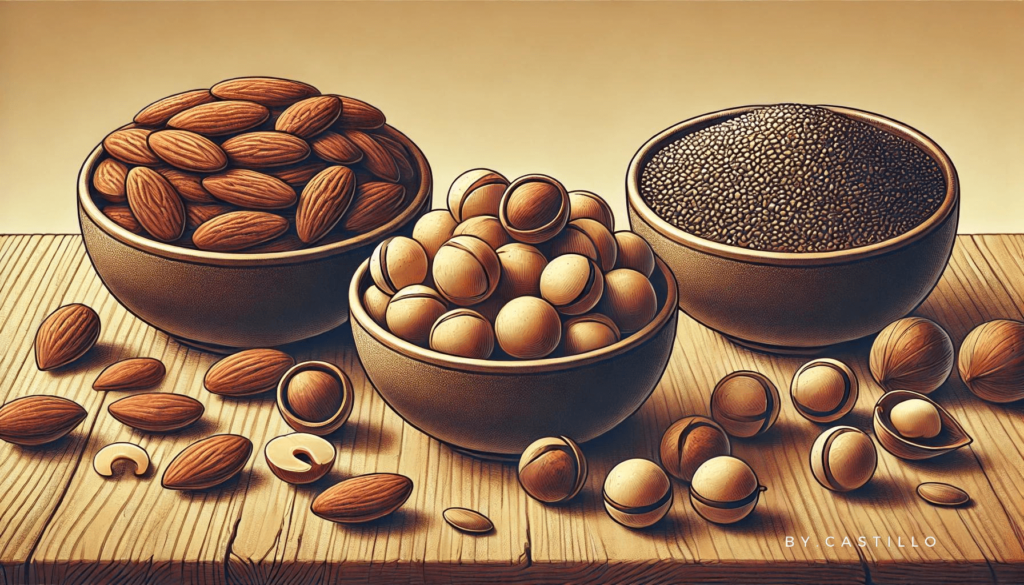 Keto foods for weight loss. Bowls of almonds, chia seeds, and macadamia nuts