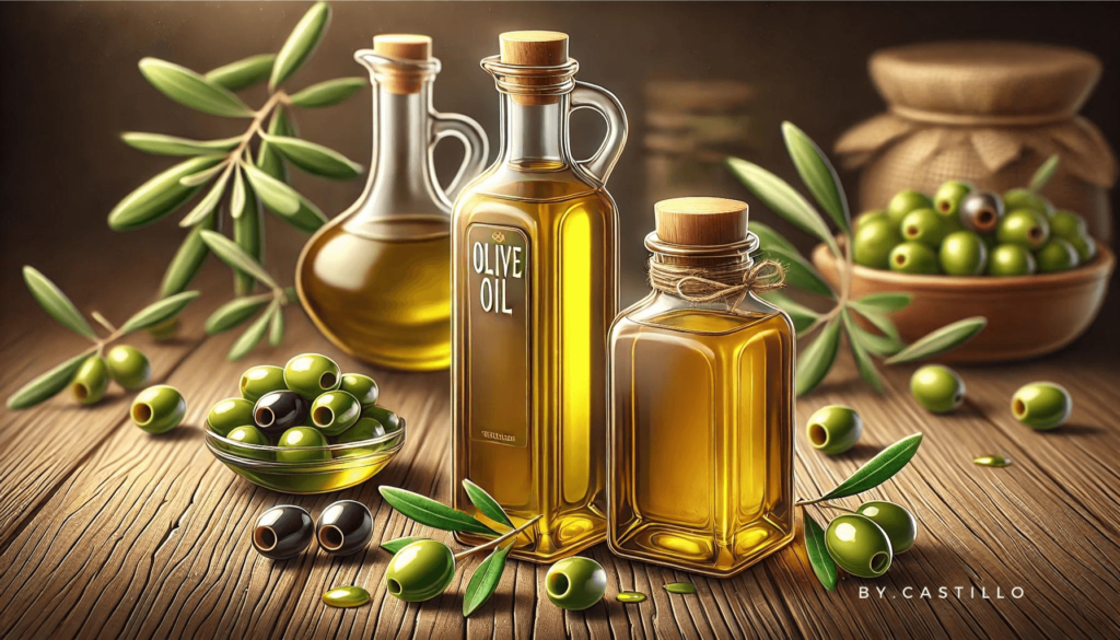 Keto foods for weight loss. Olive oil bottle with olives around it.