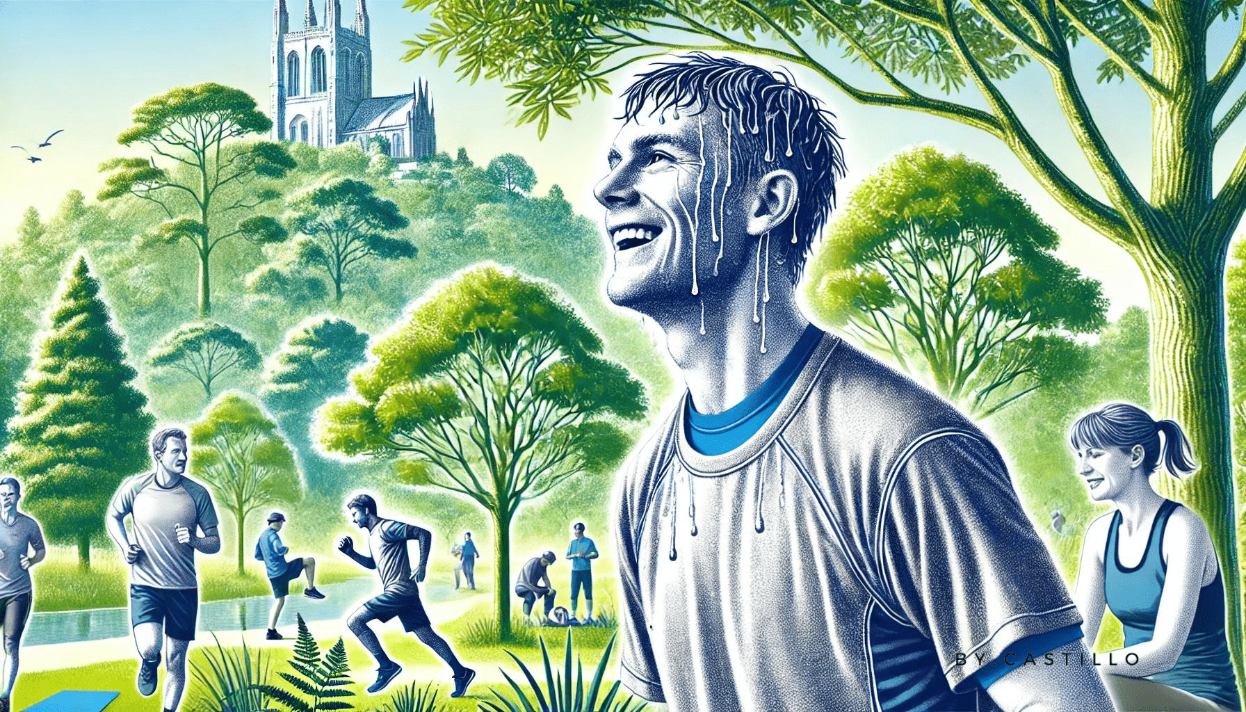 Long-term weight loss strategies. A happy healthy person at the park that is sweaty. The person just finished working out.