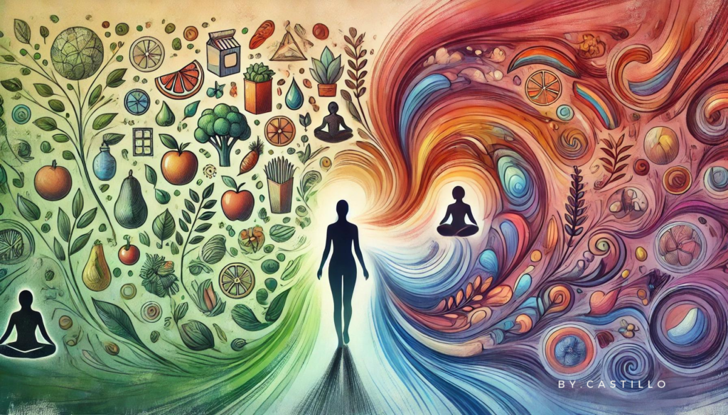 Long-term weight loss strategies. illustrates a person changing their mindset. It shows a person standing in the middle with a colorful background. The right side of the background reflects darker colors representing their old mindset. The left side shows more colorful colors representing their new mindset.