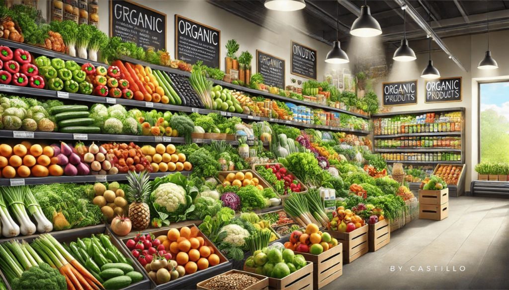 Illustration of long-term weight loss strategies. Shows a picture of the organic food at the grocery store. Nutritional whole foods.