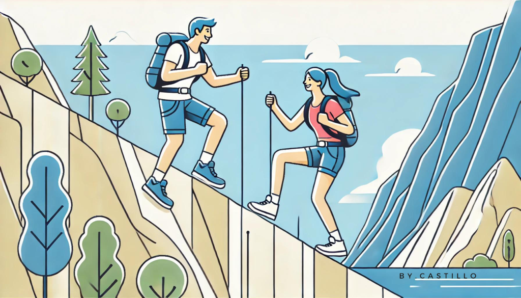 Long-term weight loss strategies. Illustrates two people hiking up a cliff with water below them. The people look happy.