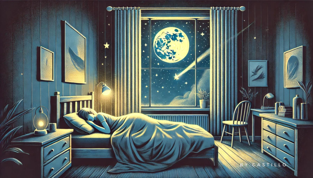 Long-term weight loss strategies. A person sleeping in their bed with the moon and shooting star showing out the window.