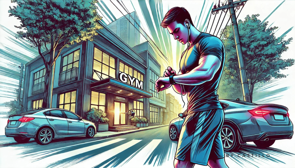 Long-term weight loss strategies. A person looking down to their watch, walking down the street with a gym at the end.