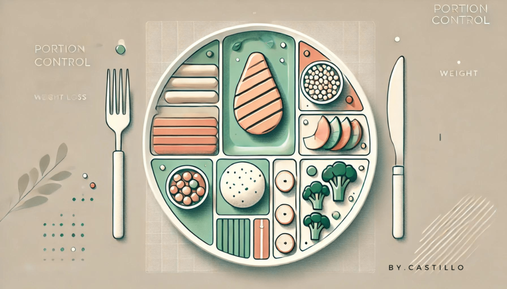 Sustainable calorie deficit. A plate of food with chicken, vegetables, and brown rice.