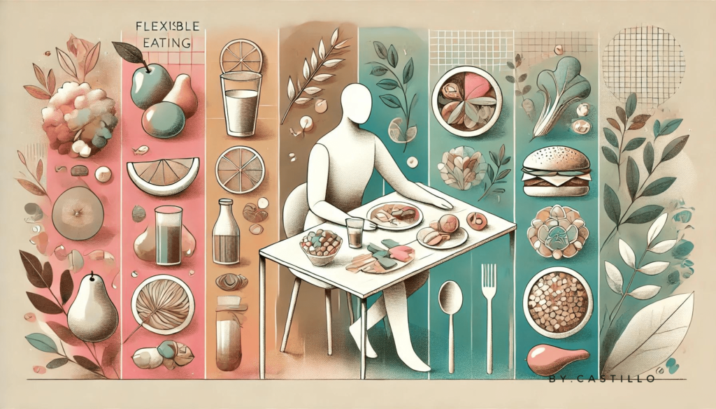 Flexible eating for sustainable calorie deficit. A person sitting down with food on the table and in the background practicing mindful eating.