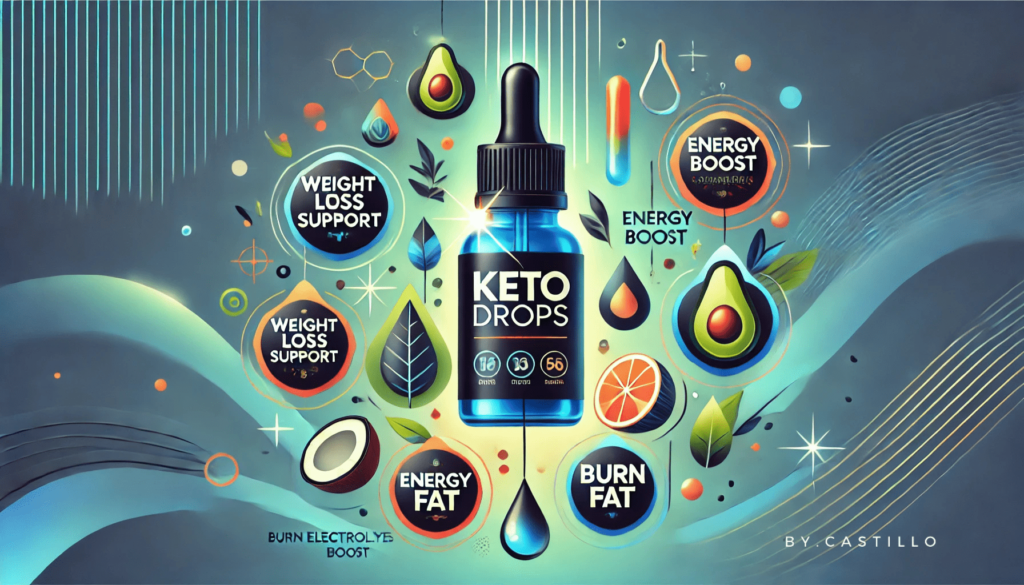 A bottle of keto drops for weight loss support with color graphics in the background. 