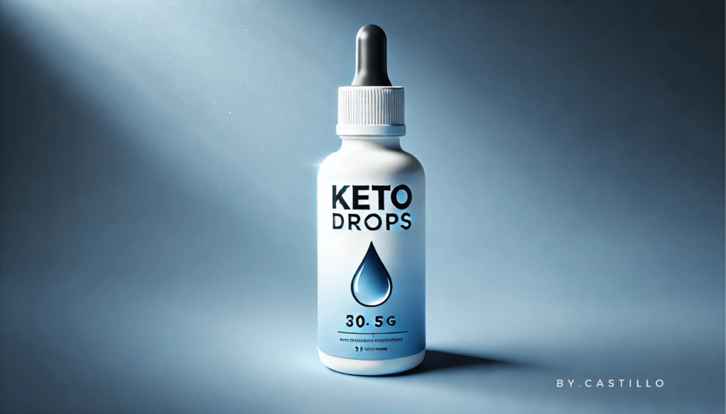 A keto drop bottle with a blue background. 
