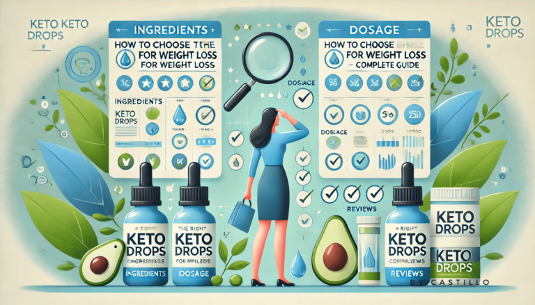 An illustration for "How to choose the right keto drops for weight loss". A picture of a woman shopping for keto drops for weight loss.