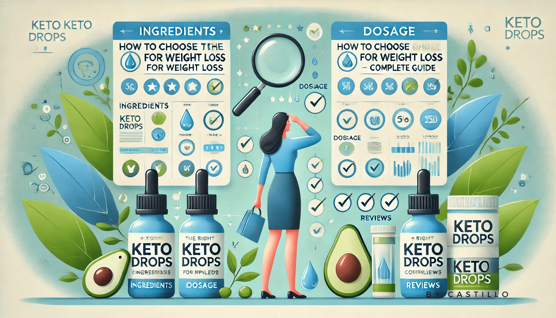 An illustration for "How to choose the right keto drops for weight loss". A picture of a woman shopping for keto drops for weight loss.