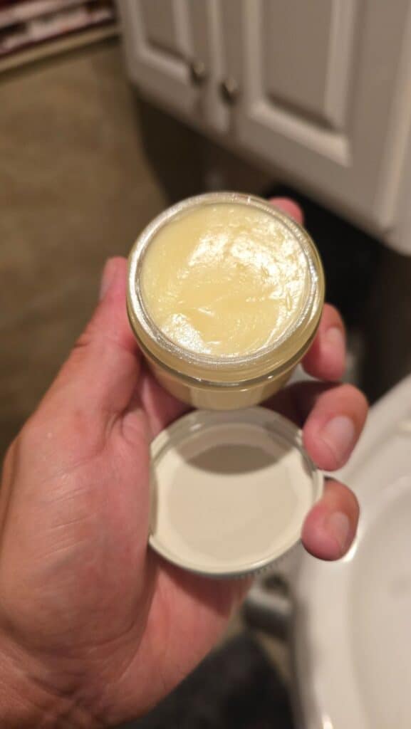 VanMan's Tallow and Honey Balm jar opened. VanMan's Tallow and Honey Balm review.