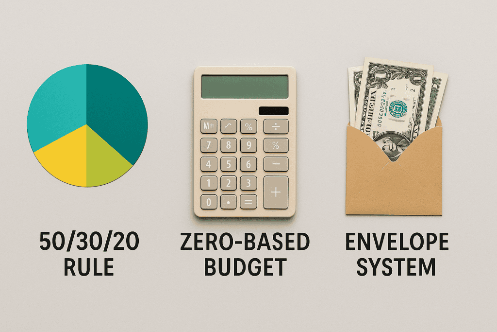 How to create a budget . A picture of a pie chart to illustrate the 50/30/20 rule, a calculator to illustrate the zero based budget method, and envelopes with money inside to illustrate the envelope budget method.
