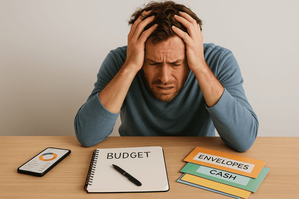 A man stressing how to create a budget. He is looking down with a stressed expression. There's a notebook with a black pen, envelopes, and his phone on the table he is looking down at.
