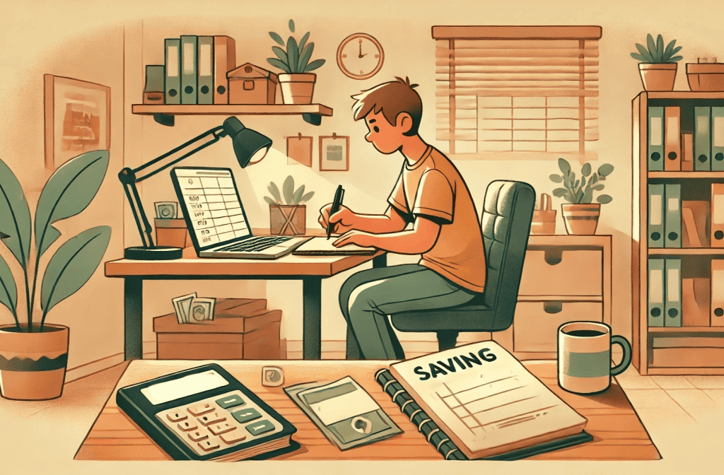 50/20/30 budgeting rule. A cartoon-style illustration of someone sitting at their desk and working on their budget. Let me know if you'd like to adjust the setting, add text, or focus on a specific budgeting method (like 50/30/20)!