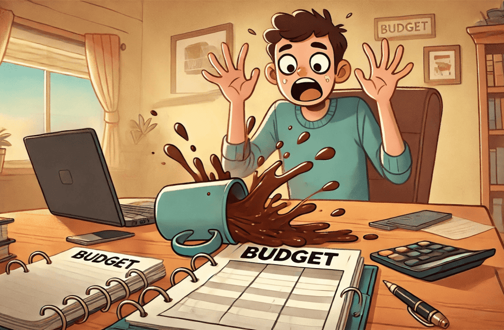 50/30/20 budgeting rule. A cartoon-style illustration of someone spilling coffee on their budget planner with a stressed-out expression.