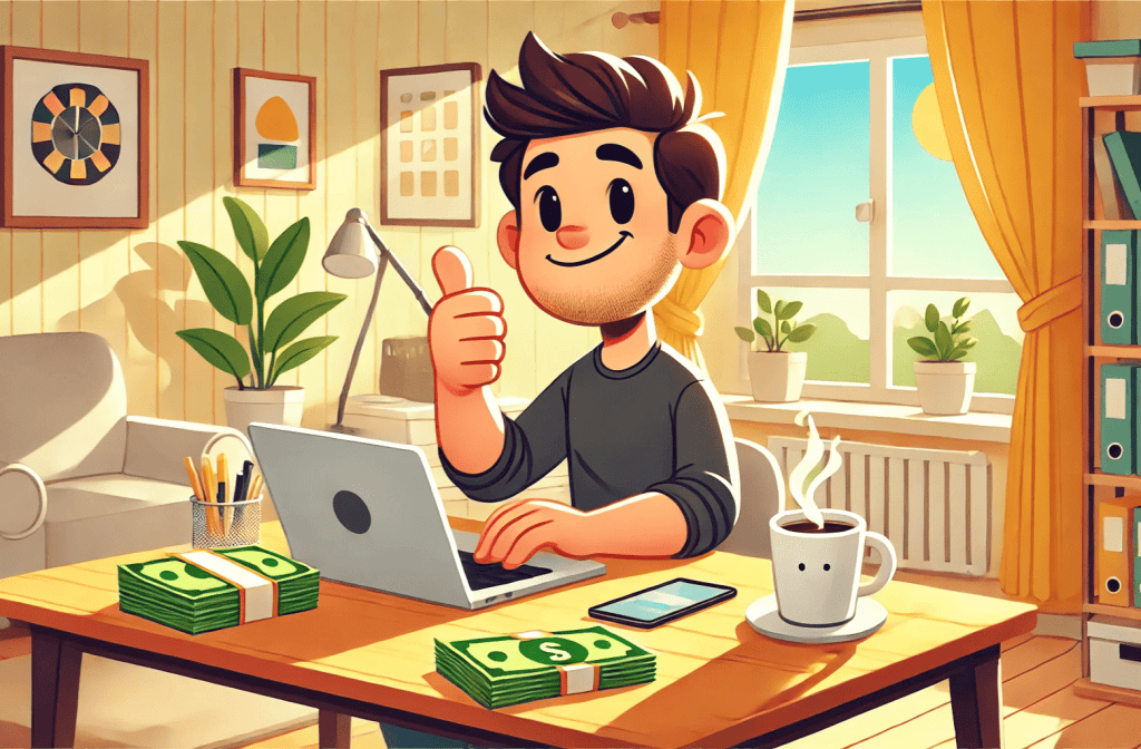 50/20/30 budgeting rule. A cartoon-style illustrations of someone in their home office giving a thumbs-up in a warm morning setting.
