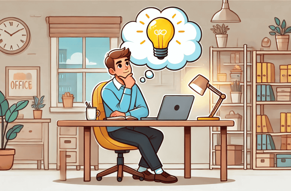 50/30/20 budgeting rule. A cartoon-style illustration of a person deep in thought with a light bulb turning on inside a thought cloud above their head.