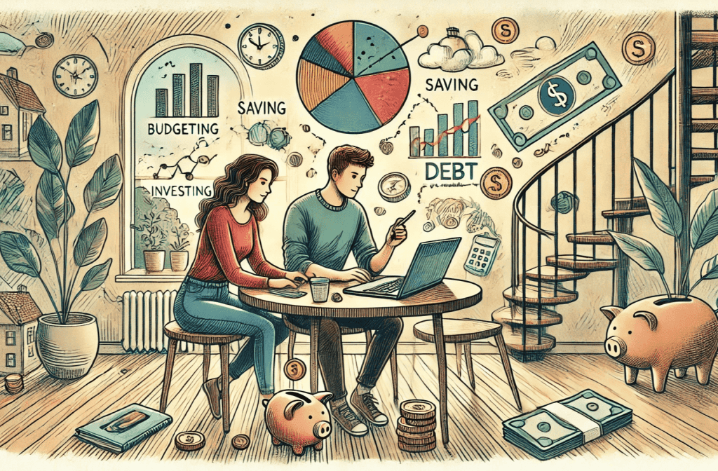 Personal finance for beginners A image hand drawn art of a man and woman in a comfy room trying to figure out their personal finances.