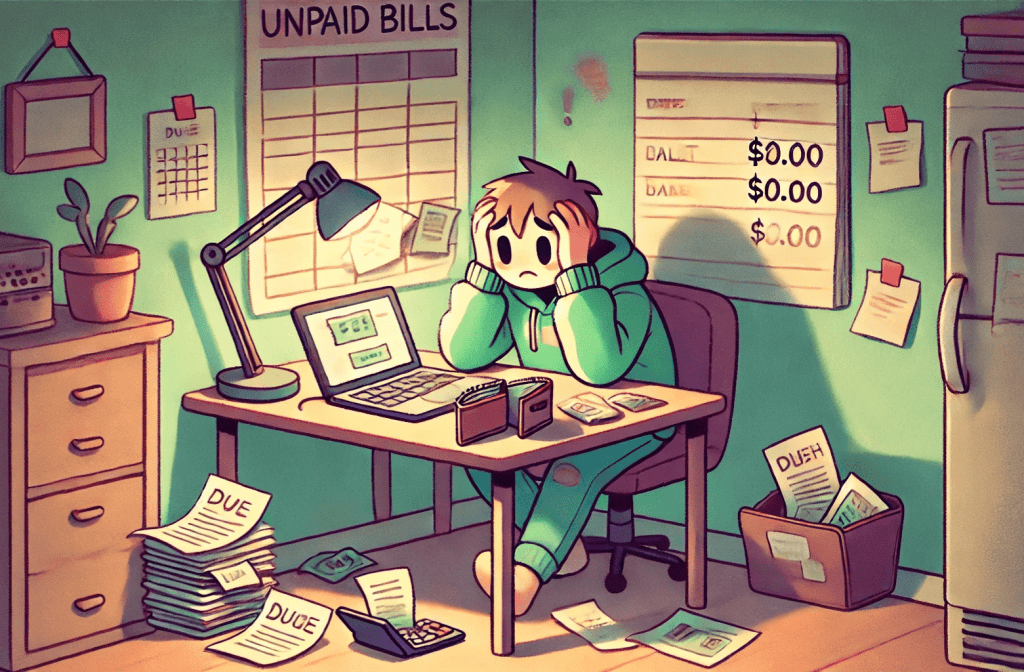 7 Bad Money Habits That Are Killing Your Budget. Cartoon-style illustration of a person stressing out about money. The image conveys financial anxiety with a gentle, approachable tone—perfect for blog posts or educational content on financial wellness.