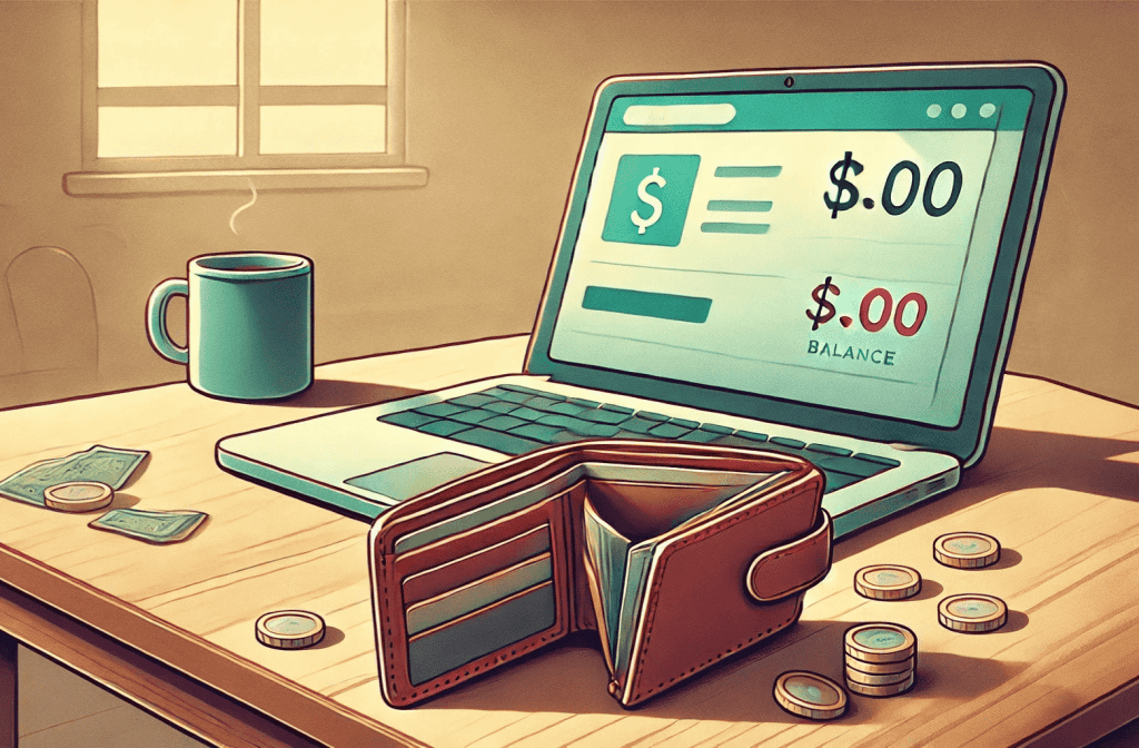 7 Bad Money Habits That Are Killing Your Budget. Cartoon-style illustration showing an empty wallet on a table next to a laptop displaying a $0.00 bank account balance. The scene maintains a gentle, approachable tone while clearly conveying financial hardship.