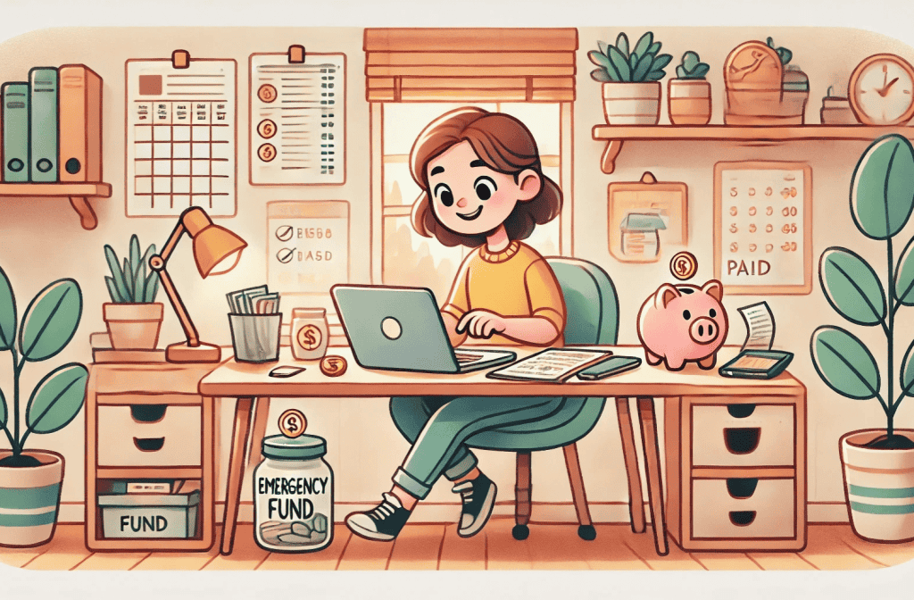 7 Bad Money Habits That Are Killing Your Budget. Here’s the cartoon-style illustration of someone practicing good money habits—confidently budgeting at a tidy desk with positive visual cues like a piggy bank, savings jar, and paid bills. The scene is calm, organized, and upbeat, providing a great visual contrast to the earlier “money stress” image.