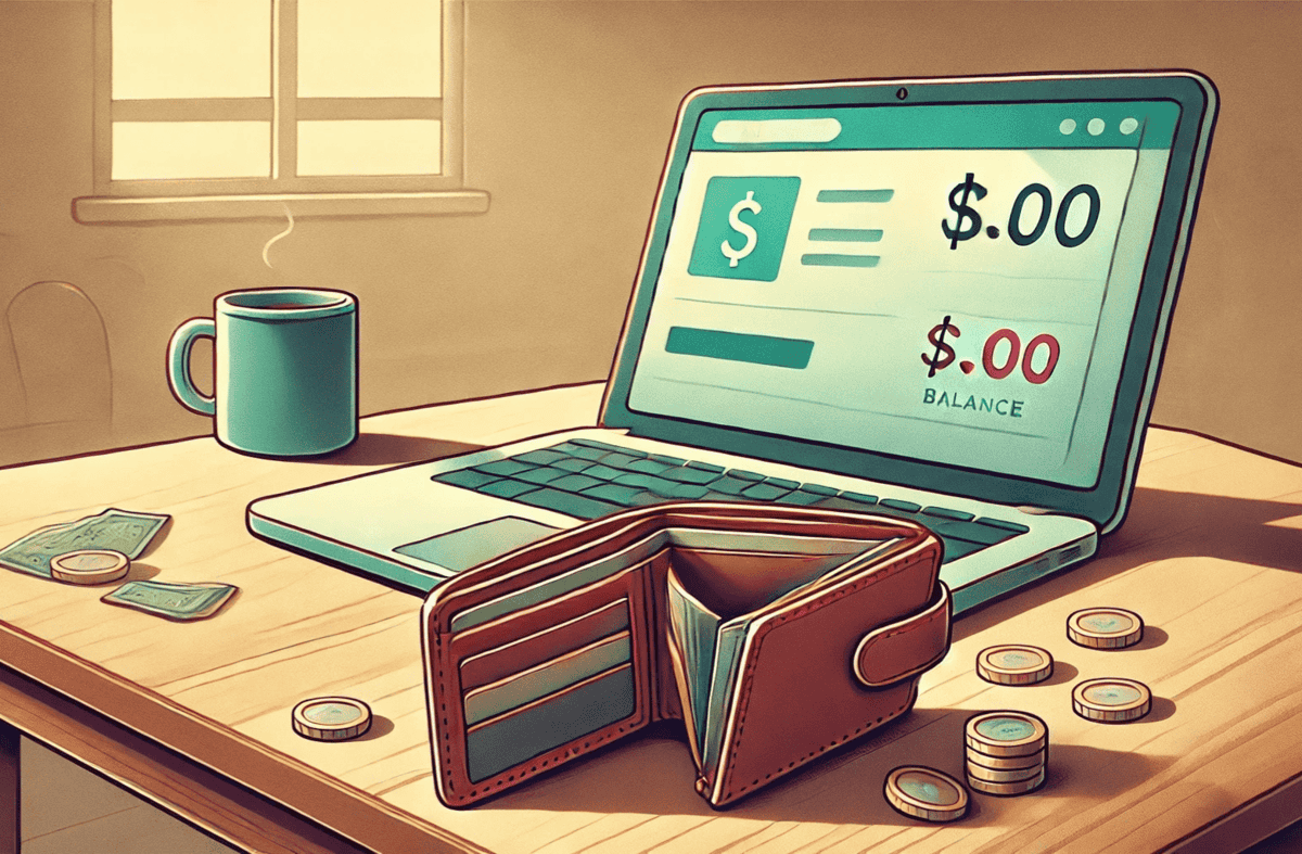 7 Bad Money Habits That Are Killing Your Budget. Cartoon-style illustration showing an empty wallet on a table next to a laptop displaying a $0.00 bank account balance. The scene maintains a gentle, approachable tone while clearly conveying financial hardship.