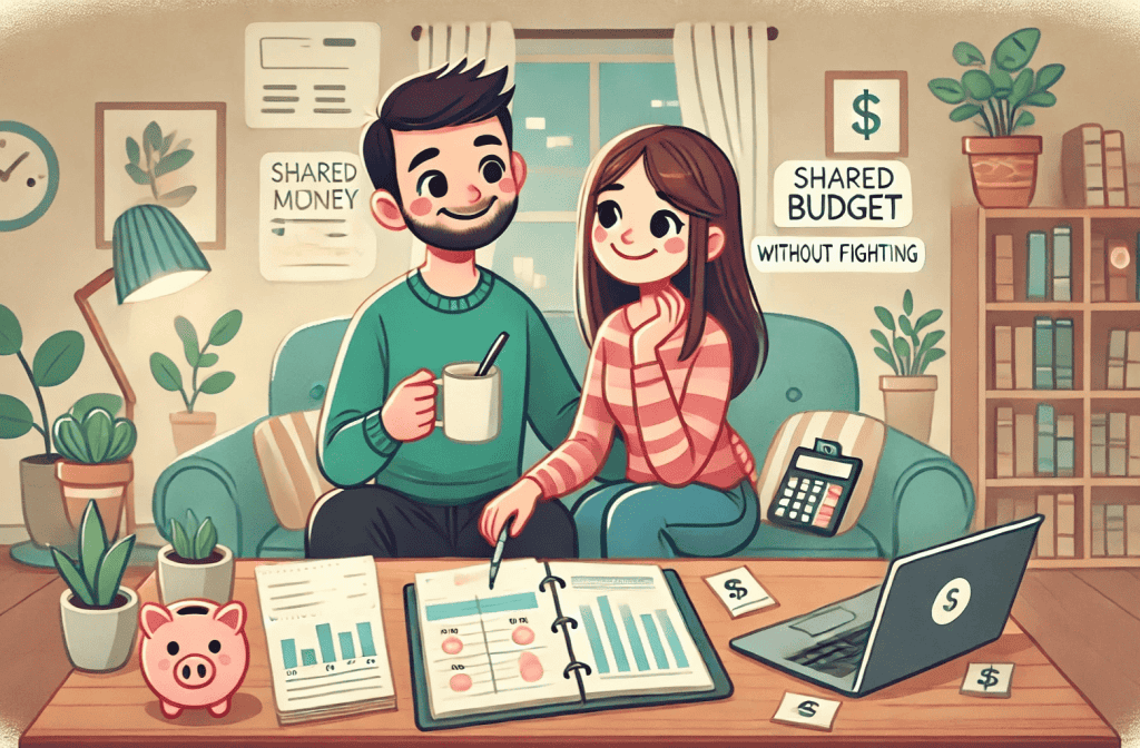 Budgeting for Couples: How to Manage Money Without Fighting.” The image shows a calm, happy couple collaborating on their finances in a warm, inviting setting—perfect for visualizing the idea of teamwork and stress-free money management.