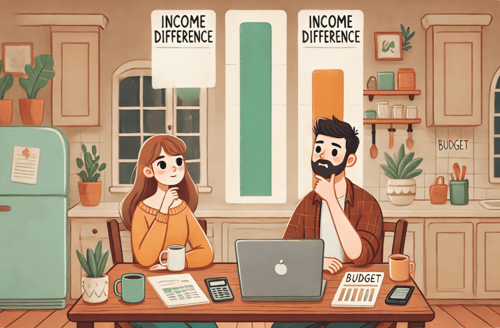 Budgeting for Couples: How to Manage Money Without Fighting. Here’s the cartoon-style illustration showing a couple discussing their finances, with visual bar graphs above them clearly representing the difference in their incomes.