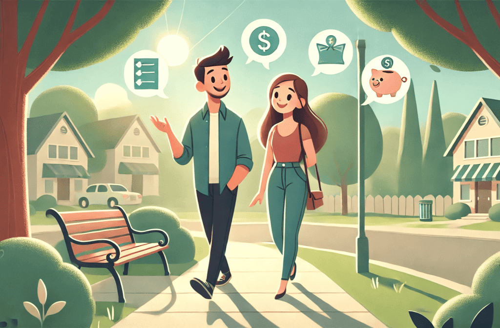 Budgeting for Couples: How to Manage Money Without Fighting. Here’s the cartoon-style illustration of a couple enjoying an afternoon walk while talking about budgeting. The relaxed park setting and soft symbolic icons help convey a calm, thoughtful conversation about finances in a warm, approachable way.
