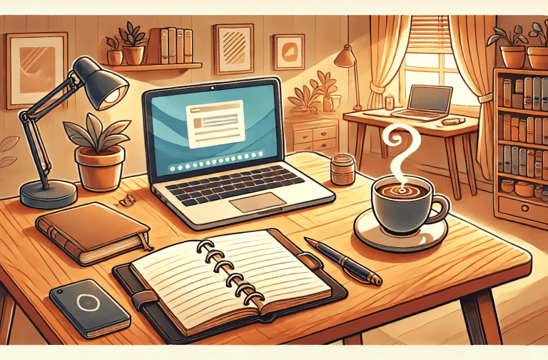 Budgeting tips blog banner. A cheerful cartoon-style illustration of a cozy workspace. On a wooden desk are a laptop with a bright screen, an open notebook with handwritten notes, a notepad with a pen, and a steaming cup of coffee. The background features warm lighting, a small plant, and a simple bookshelf, creating a clean and inviting home office atmosphere. A previously marked area has been removed and seamlessly blended into the scene.