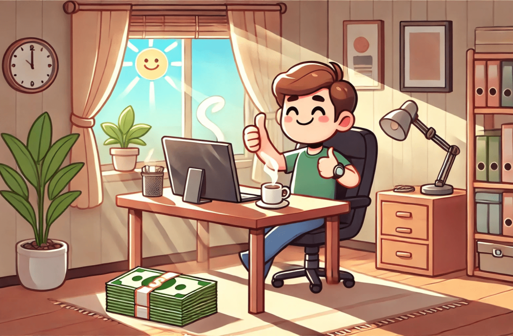 Zero-based budgeting. A cartoon style image with a person sitting at their home office give a thumps up. There is a stack of cash in the picture and the environment is a nice warming morning.
