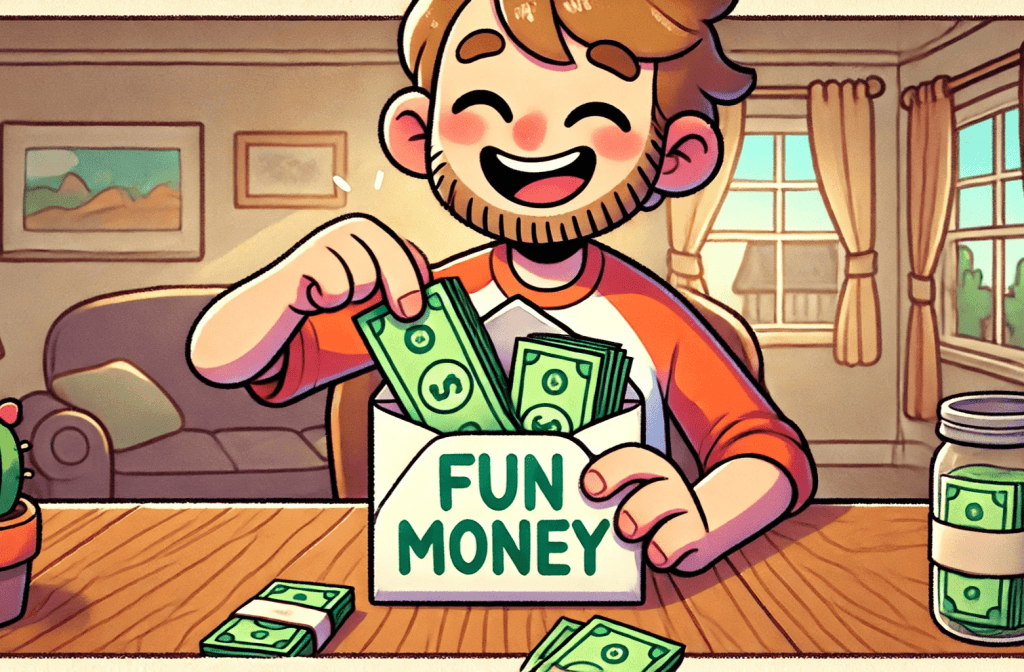 The envelope budgeting system. A cheerful cartoon-style images of a happy person putting cash into an envelope labeled "Fun Money."