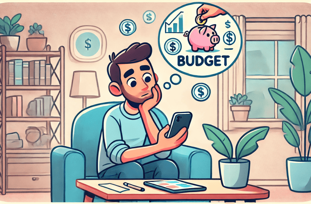 The envelope budgeting system. A cartoon-style illustration of a person looking down at their phone and thinking about budgeting, complete with a thought bubble filled with financial icons.