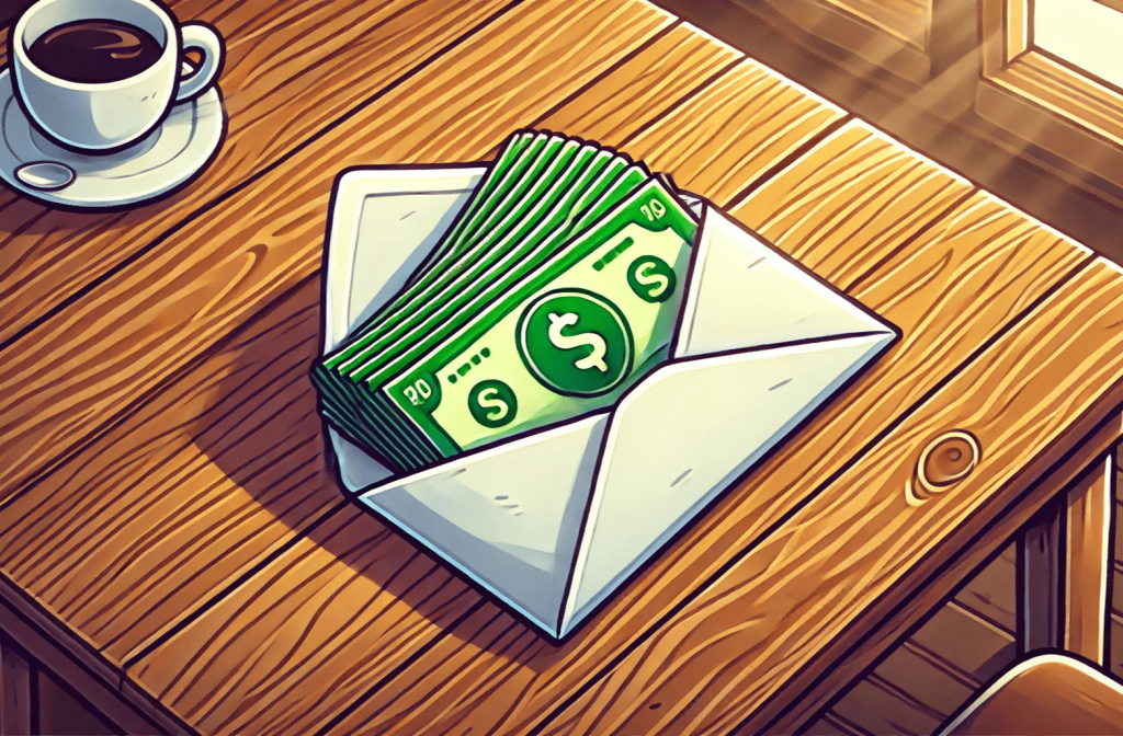 The Envelope Budgeting System. A cartoon-style illustrations of an envelope full of money lying on a table in a warm, inviting setting.