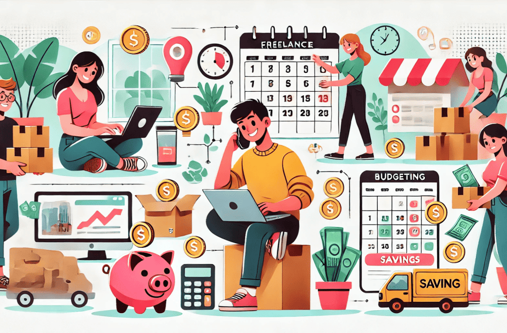 Budgeting with irregular income. A cartoon-style illustration representing smart tips for freelancers, commission workers, and gig workers.