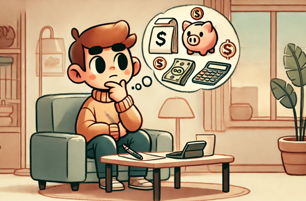 Budgeting with irregular income. A cartoon-style image of a person thoughtfully considering budgeting, complete with financial symbols in a thought bubble.