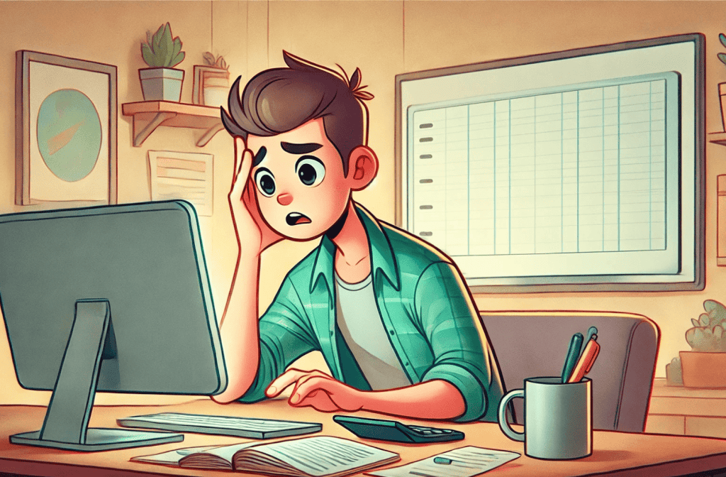 Budgeting with Irregular Income. A cartoon-style image of a person sitting at their desk, slightly stressed while trying to figure out their finances with a budgeting spreadsheet on the laptop.