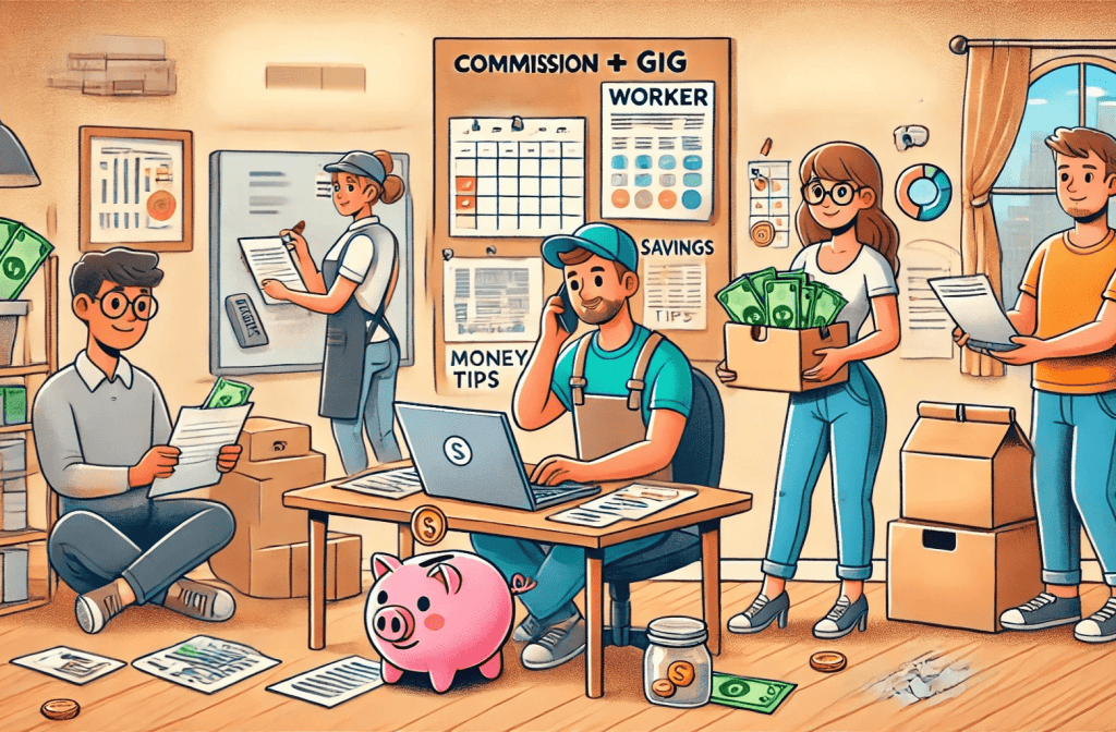 Budgeting with irregular income. A cartoon-style illustration that visualize smart financial tips for freelancers, commission workers, and gig workers.