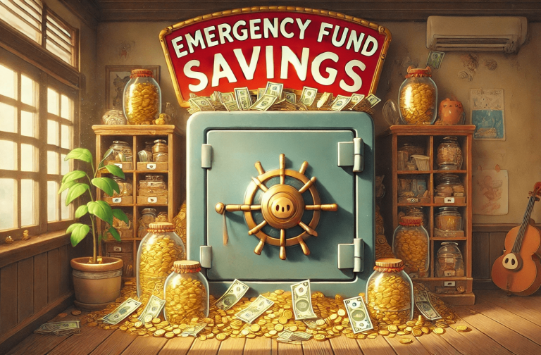 A illustration of a cozy, magical room featuring a safe full of money with a red sign reading “Emergency Fund Savings.”