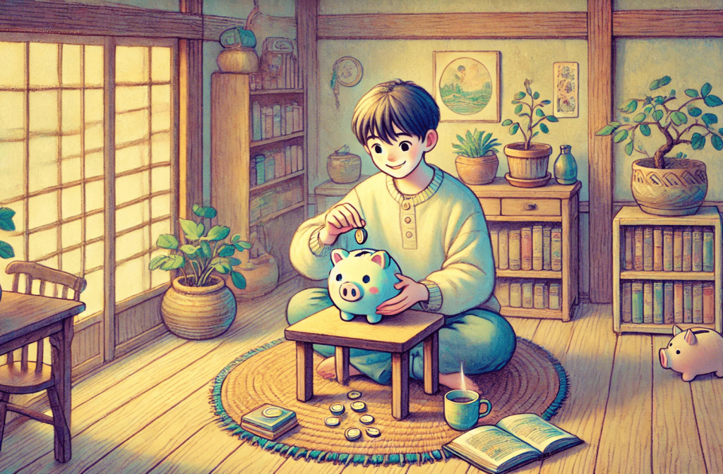 Emergency fund savings. A Ghibli-style illustration of a person happily putting money into a piggy bank in a cozy, whimsical setting. 