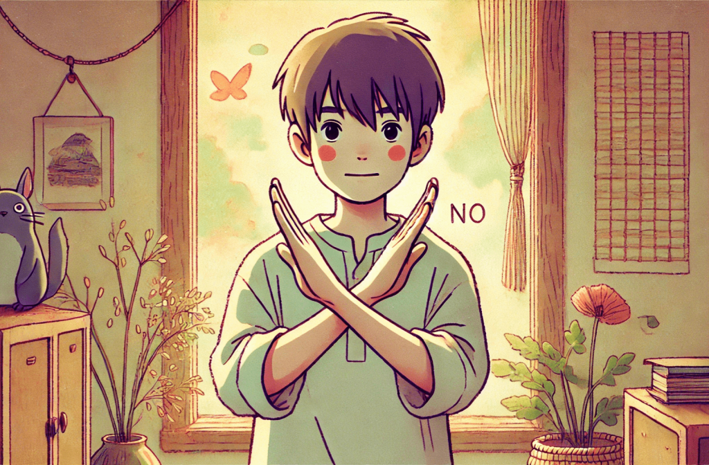 Emergency fund savings. Ghibli-style illustration of a person respectfully signaling “no” by crossing their arms in an "X" gesture.